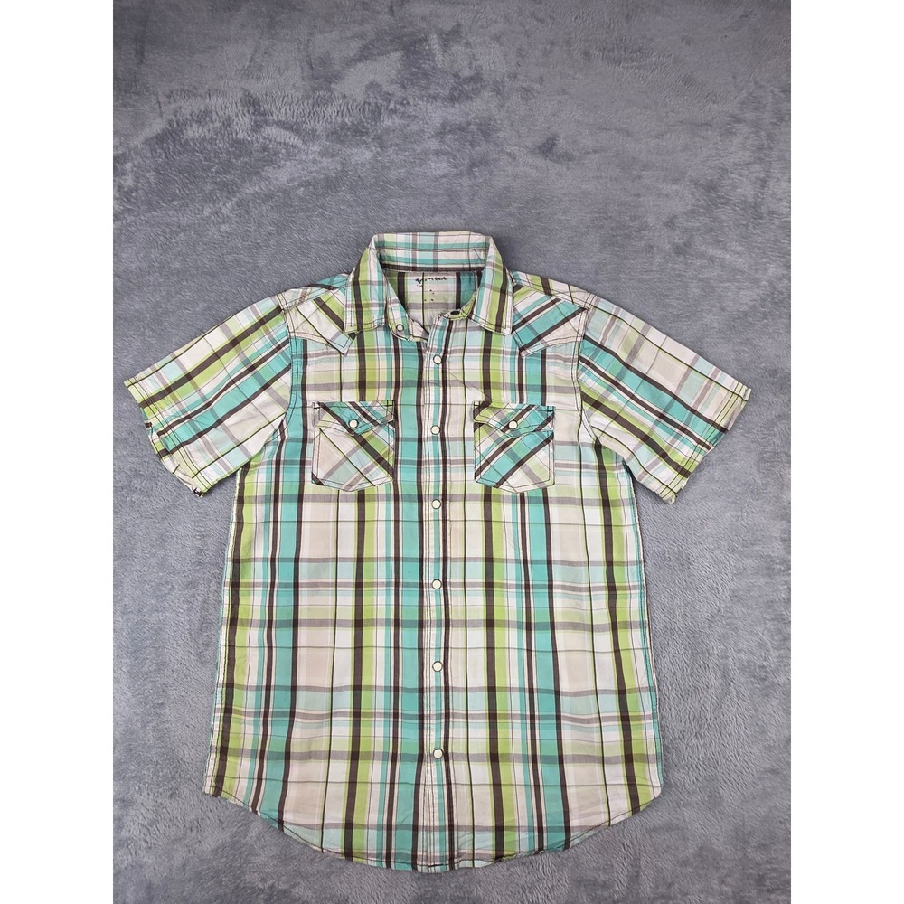 Arizona Jean Co Boys XXL 18/20 Teal Green Plaid Western Pearl Snap Shirt